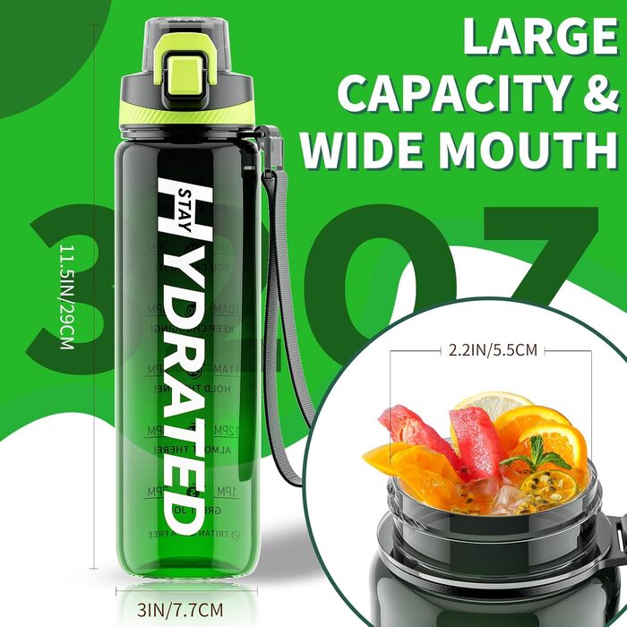 Спортивна пляшка для води 1л Tritan без BPA з маркуванням часу, 1 літр, витокозахисна, для фітнесу, активного відпочинку, спортзалу, школи