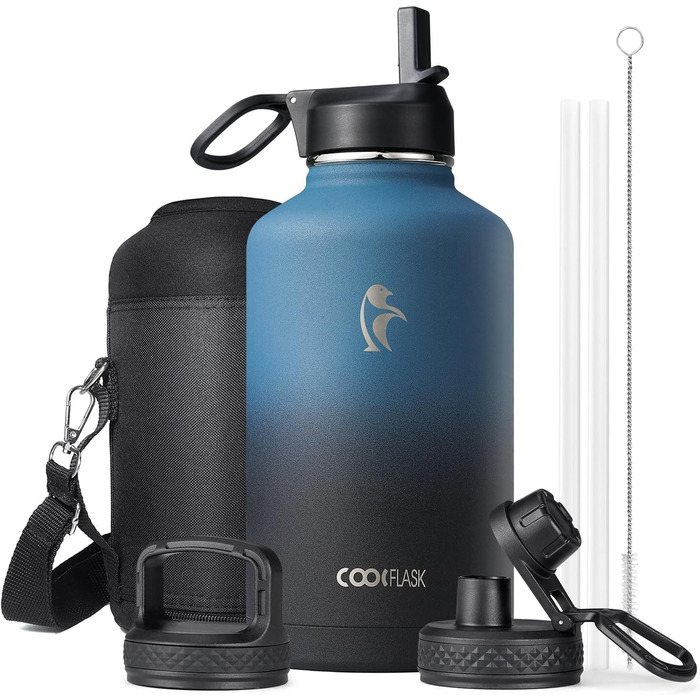 Термос пляшка для води 2 л Coolflask з нержавіючої сталі з трубочкою та 3 кришками, подвійна вакуумна ізоляція, для спорту та офісу, сірий, не протікає