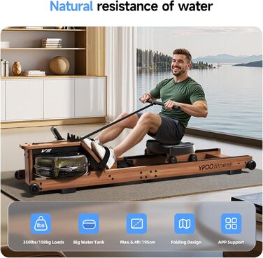 Гребний тренажер YPOO з водяним опором, складаний, дерев'яний, з Bluetooth-дисплеєм, для дому, до 160 кг