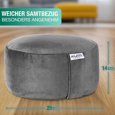 Йога подушка для медитації – кругла подушка з наповнювачем з лушпини гречаниці – 30 см, 14 см, збірна інструкція (PDF), знімний оксамитовий чохол (антрацит)