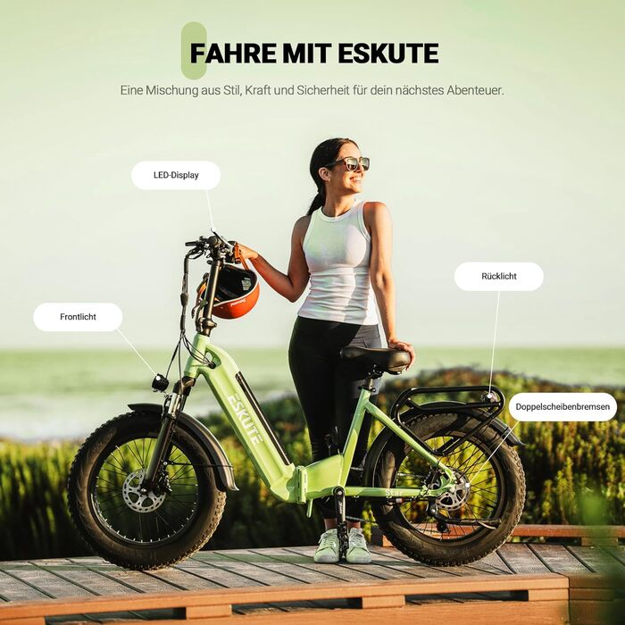 Електровелосипед ESKUTE Star, складаний, 20 дюймів, Fat Tire, 36V 25Ah, до 120 км, алюмінієвий, 7 швидкостей, для чоловіків і жінок, MTB, для пляжу та снігу