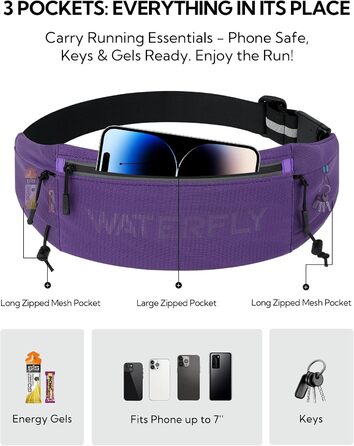 Поясна сумка для бігу WATERFLY: триатлон, марафон, тримач для телефону та номеру (фіолетова)