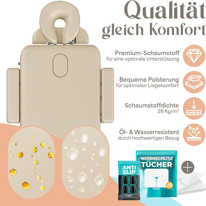Масажне ліжко KESSER® з 3 зонами, до 250 кг, складне, регульоване, з аксесуарами (підголовник, підлокітники, сумка), антиковзне покриття, бежеве