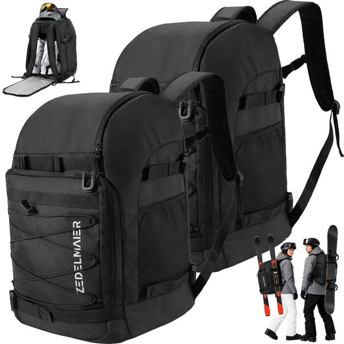 Рюкзак для лиж Zedelmaier 50L (2 шт.) - для лиж, шолома, рукавичок, черевиків до 45 розміру, водонепроникний, чорний