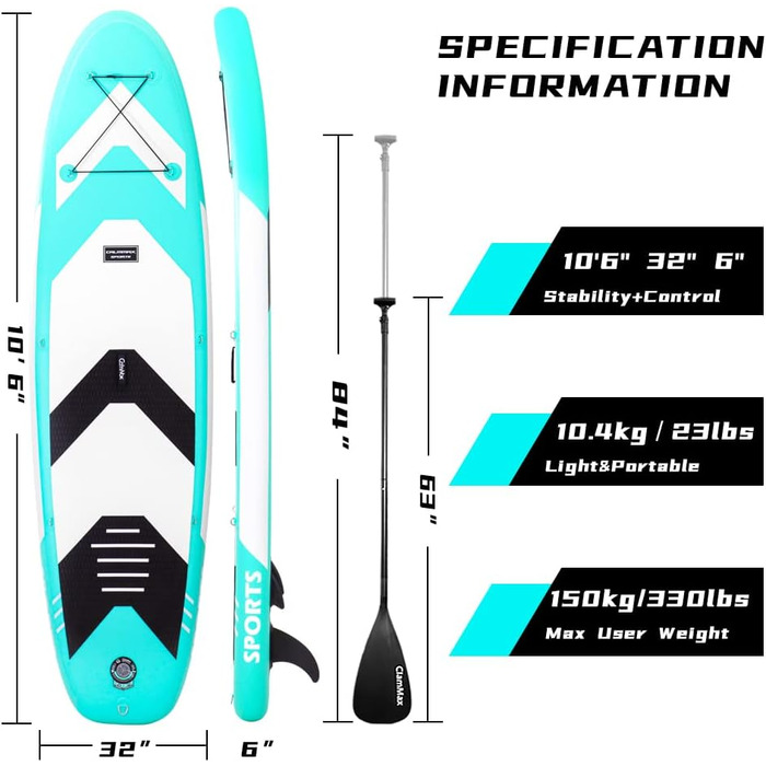 Надувне SUP Board CalmMax 320x76x15 см (10.6') до 150 кг. Комплект з веслом, насосом та аксесуарами. Підходить для підлітків та дорослих.