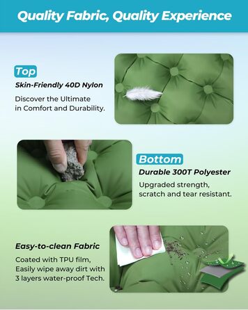 Надувна туристична матрац COOLERO з помпою та подушкою, зелена. Легка, компактна, для кемпінгу та подорожей.