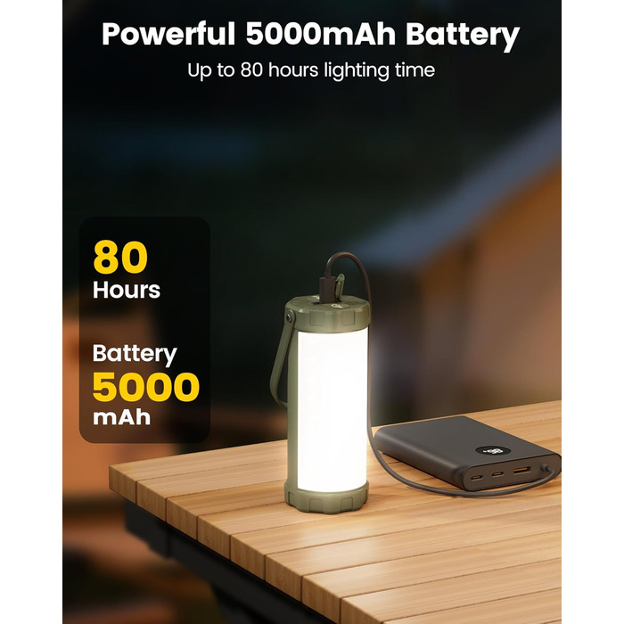 Ліхтар для кемпінгу Glocusent: 1200 люмен, водонепроникний IP68, 80 годин роботи, 5 режимів, SOS, для походів та відпочинку на природі (зелений)