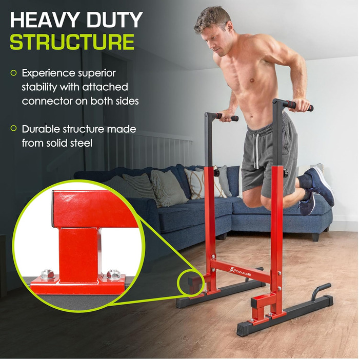 Стійка для віджимань sourceFit Dip Stand Station Pro, важка, з'єднувач безпеки, для трицепса, підтягувань, віджимань, L-сітів, червона