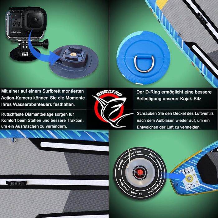 Надувна SUP-дошка DURAERO 330x76x15 см з кріпленням для камери, комплект аксесуарів, вантажопідйомність до 150 кг