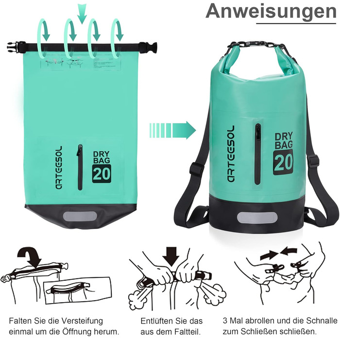Водонепроникний мішок Blackace Arteesol Dry Bag 5L/10L/30L - міцний Packsack з регульованим ремінцем для водних видів спорту (Мінт, 20L)