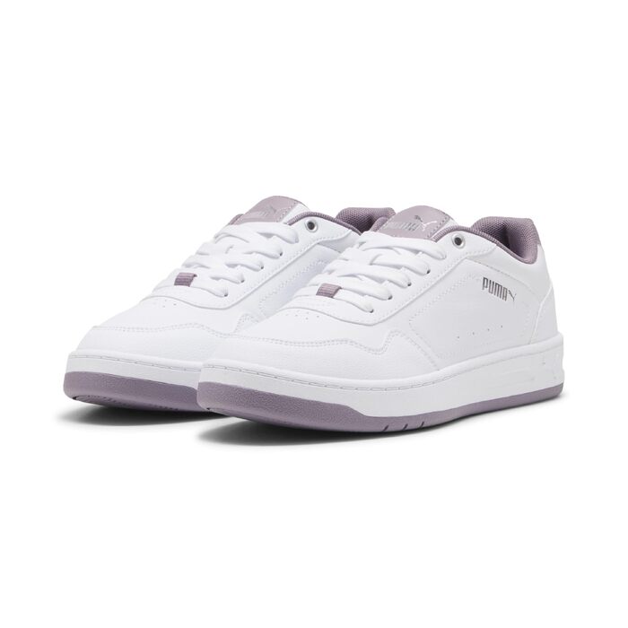 Жіночі кросівки PUMA Court Classy Basic — білі зі сріблястими та сливовими деталями, розмір 39 EU