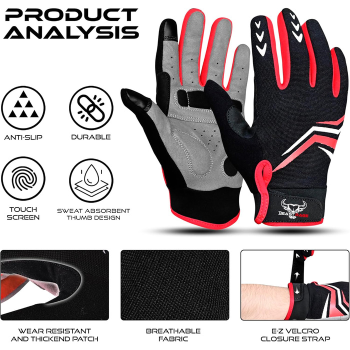 Велосипедні рукавички BEAST RAGE Vofinger для їзди на велосипеді, гірському велосипеді (MTB), BMX, шосе, чоловічі та жіночі, червоні (L)