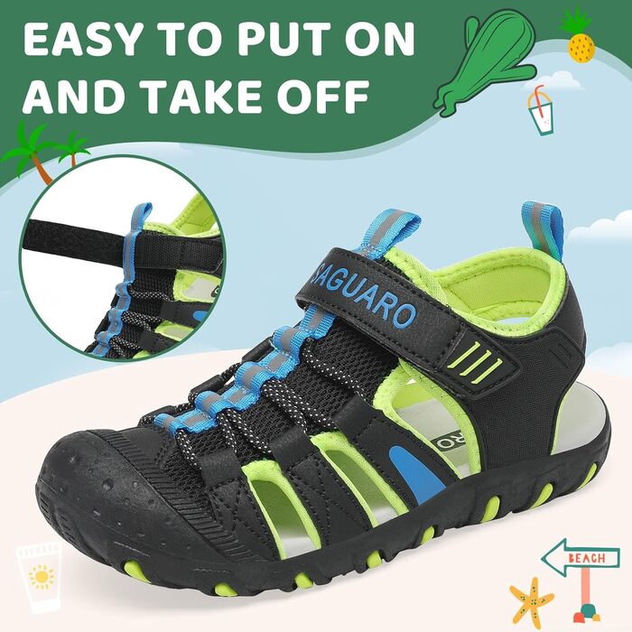 Сандалі дитячі SAGUARO для хлопчиків та дівчаток Trekking, чорно-зелені, 37 EU, дихаючі, протиковзкі
