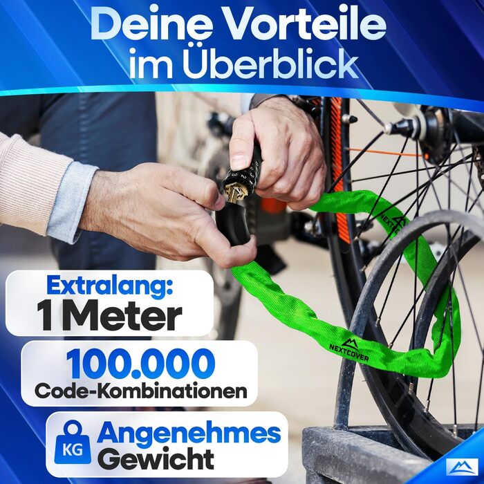 NEXTCOVER® Замки для велосипедів LockPro з кодовим замком - Оригінал - [SAFESECURE] Високий рівень безпеки | 5-значний код, сталевий замок для велосипеда | Замок для електровелосипеда, ланцюговий замок (Зелений)