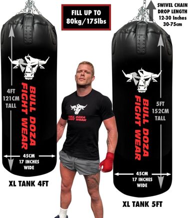 BULL DOZA FIGHT WEAR самонаповнюваний боксерський мішок XL 4FT, для MMA, боксу, кікбоксингу, Муай Тай, тхеквондо, з підвісними ланцюгами, карабіном, чорний, для єдиноборств