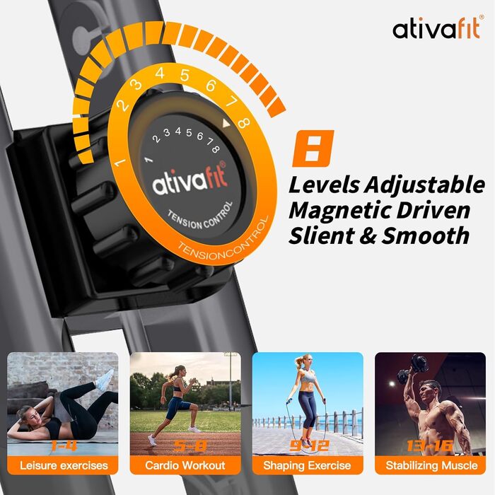 ATIVAFIT 3-в-1 складаний магнітний велотренажер для дому з вимірюванням пульсу та LCD дисплеєм, компактний фітнес-тренажер сірий