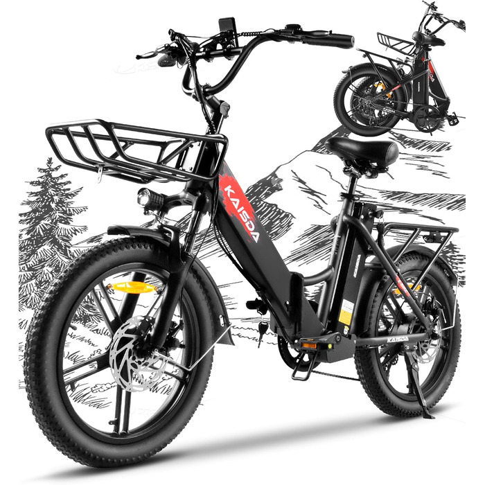 Електровелосипед KAISDA складаний 20 дюймів Fatbike, 36V 20.8Ah подвійний акумулятор, 90 км запас ходу, вантажопідйомність 150 кг, для снігу, міста, пляжу, вага 33 кг, водонепроникний