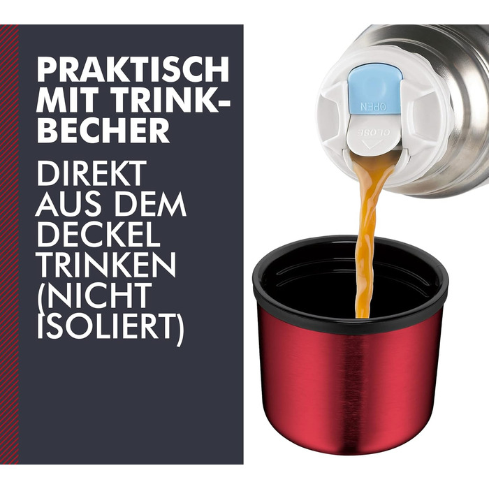Термос для напоїв 0,75 л Thermos Light & Compact, червоний, нержавіюча сталь, ізольована пляшка з чашкою, зберігає тепло до 18 годин, холод — до 24 годин, герметичний, BPA-free, можна мити в посудомийці