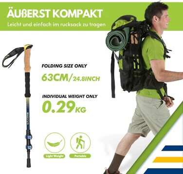 Трекінгові телескопічні палиці Nordic Walking для жінок і чоловіків, алюмінієві, 63-135 см, з корковою ручкою і гумовим наконечником
