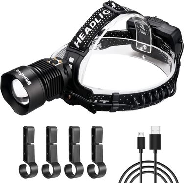 LED налобний ліхтар WholeFire XHP90 з 3 режимами, 15000 люменів, USB, водонепроникний, з регулюванням фокусу, потужний, для кемпінгу, бігу та іншого