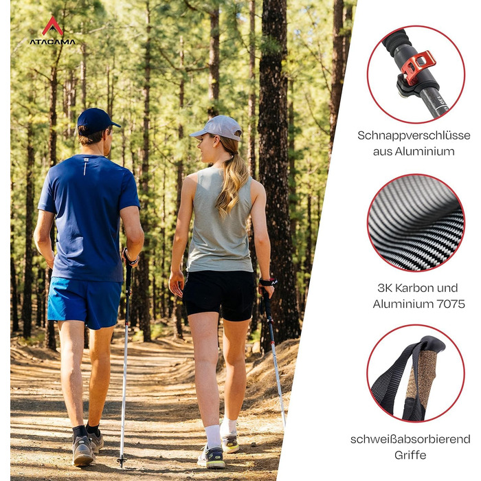 Телескопічні палиці для скандинавської ходьби та трекінгу ATACAMA, карбон та алюміній, з корковими ручками, складні, 270 г