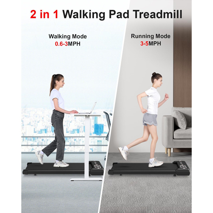 Walking Pad Dskeuzeew 2 в 1 - біговий килимок для дому, електричний, з LED-дисплеєм та пультом керування, чорний