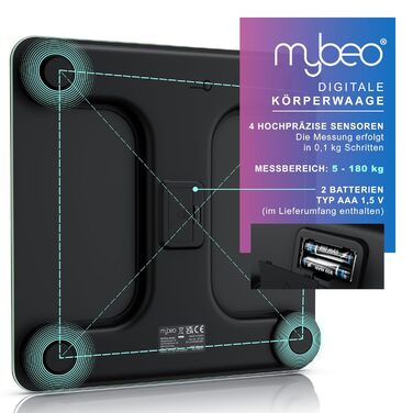 Електронні ваги MyBeo - ваги для тіла зі скла, 5-180 кг, великий LCD дисплей, kg/lb, датчики DMS, скло 6 мм, автоматичне вмикання, чорний колір