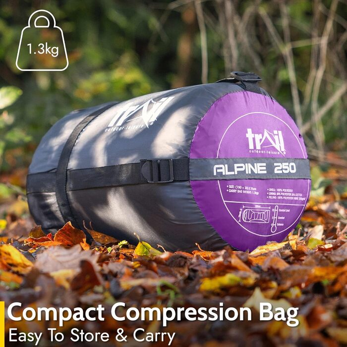 Спальний мішок Trail-Alpin з капюшоном – 250 г, 3-сезонний. Легкий, компактний – з капюшоном та компресійним мішком (Червоний, Ліловий)