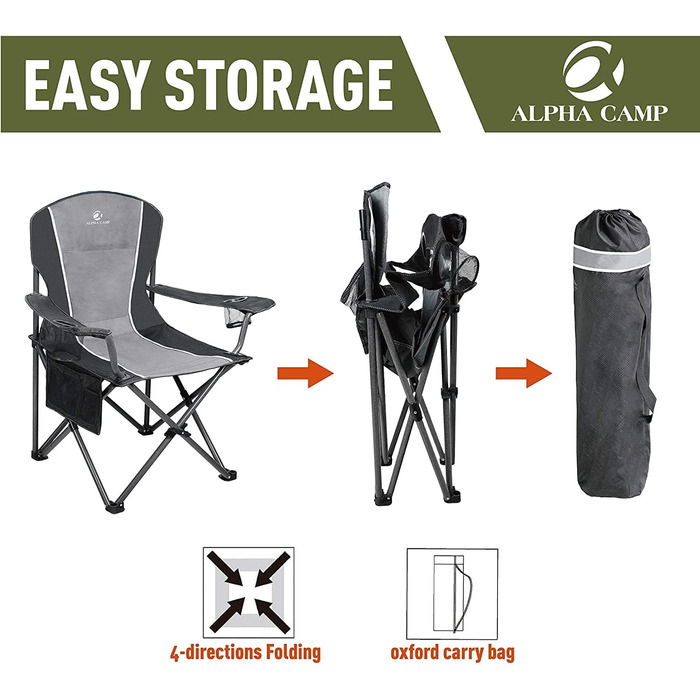 Крісло для кемпінгу Alpha Camp, складне, 160 кг, з підлокітниками та тримачем для напоїв, сталевий каркас, чорно-сіре