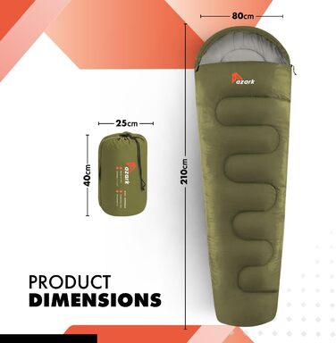 Спальний мішок Azark Premium, 350 г/м², легкий та водонепроникний, для 4 сезонів, кемпінг, туризм, відпочинок на природі, для дорослих та дітей (зелений)