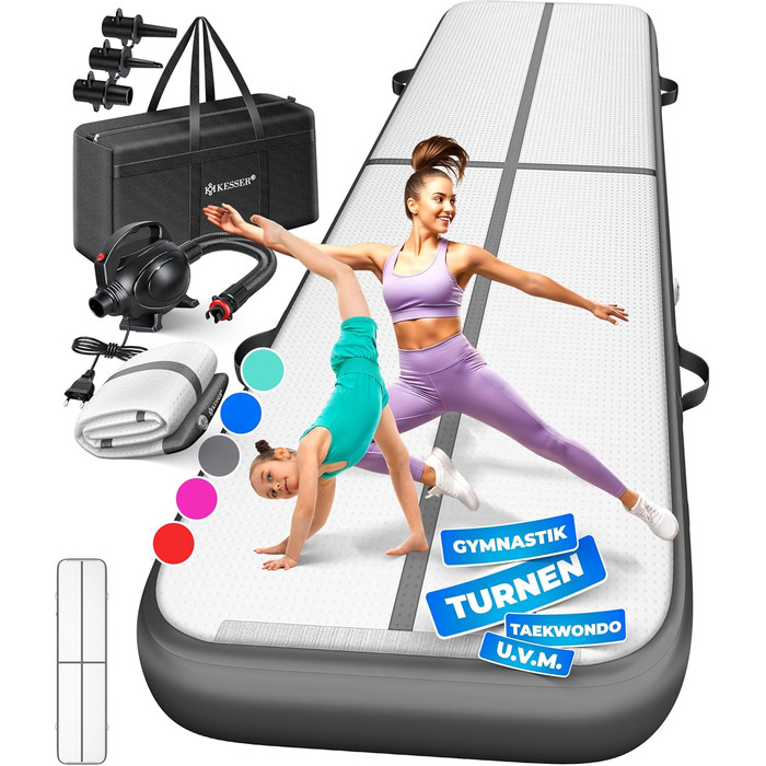 Надувна гімнастична килимок KESSER® Airtrack: 2м, 3м, 4м, 5м, 6м. Килимок для фітнесу, йоги, акробатики. В комплекті сумка та електронасос. Розмір: 400 x 100 x 10 см, колір: антрацит