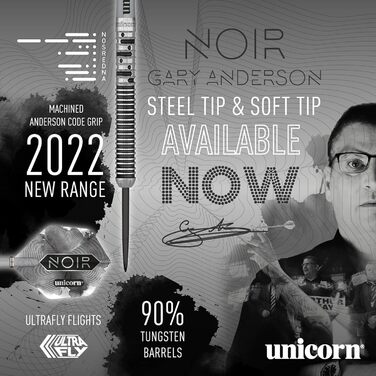 Набір дротиків Unicorn Gary Anderson Noir Phase 3/5, сталева вістря, 90% вольфрам, чорне титанове покриття, 21-24 г, у подарунковій упаковці