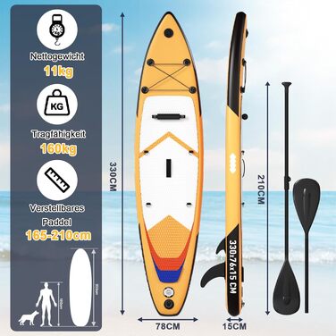 Надувний SUP Борд JUMMICO 330x76x15 см, 2-в-1 з сидінням для каяка та аксесуарами, до 160 кг, для серфінгу, риболовлі, йоги, помаранчевий