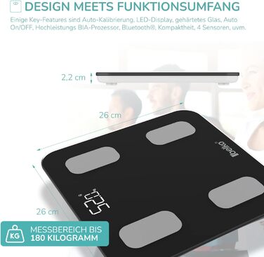 Вага Belko для вимірювання жиру в тілі Smart з Bluetooth® та додатком для вимірювання жиру, ІМТ, ваги, м'язової маси, води, білка, BMR та іншого, чорна