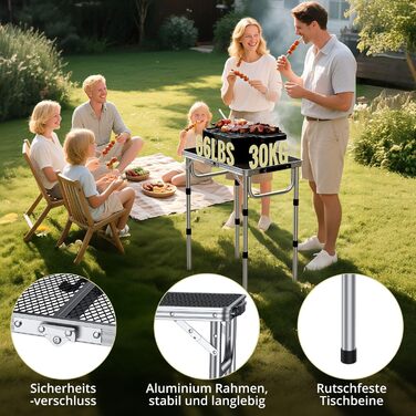 Стіл для кемпінгу Anbte Grilltisch 58x40 см, металевий, з регульованою висотою (26/48/70 см), алюмінієвий каркас, портативний, для пікніка, BBQ, саду, балкону (срібний)