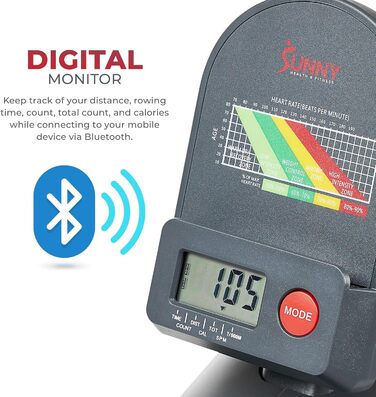 Магнітний гребний тренажер Sunny Health & Fitness SMART, компактний, складаний, з Bluetooth – SF-RW522016