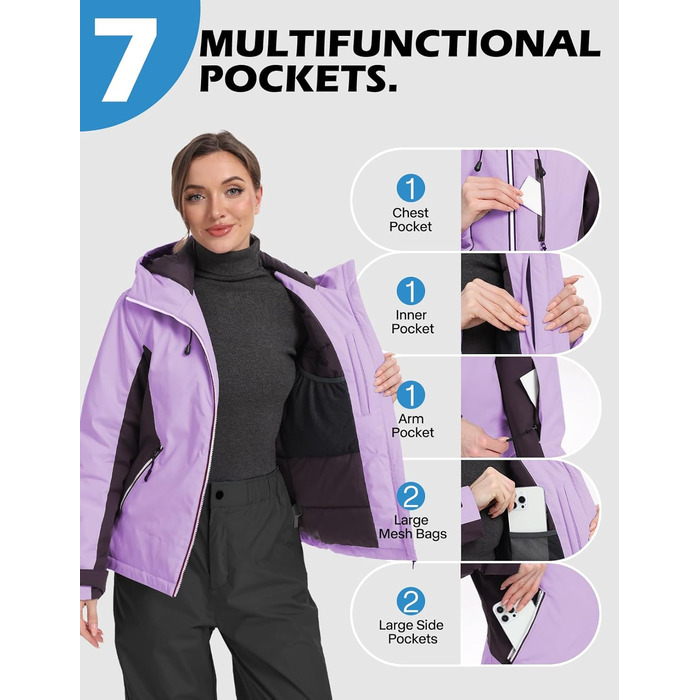 Жіноча лижна куртка GEMYSE: водонепроникна, вітронепроникна, тепла з капюшоном (Eislila/Morgengrau-Lila)