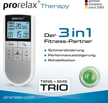 Prorelax TENS/EMS Trio: електростимулятор для релаксації, м'язів та зняття болю | 3 терапії, 50 програм, 16 рівнів інтенсивності