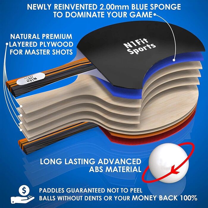 Набір для пінг-понгу: 4 професійні ракетки, розтягуване сітка, 6 м'ячів, сумка - для гри в приміщенні та на вулиці