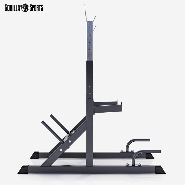 GORILLA SPORTS® Стійка для присідань з регулюванням ширини та висоти, з дип-станцією, для штанги 200-250 кг, тримач для дисків