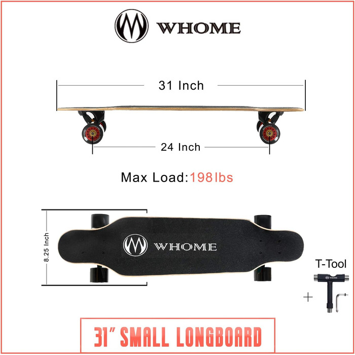 Скейтборд WHOME Longboard 31 дюйм для дорослих і дітей, круїзний, для початківців і профі, з T-інструментом