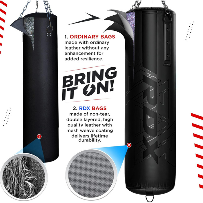 Боксерська груша RDX 145 см з наповнювачем 50 кг, рукавичками та сталевим тросом. Шкіряна, для боксу, фітнесу, кікбоксингу, MMA, муай-тай, карате. Чорний колір, 3 шт.