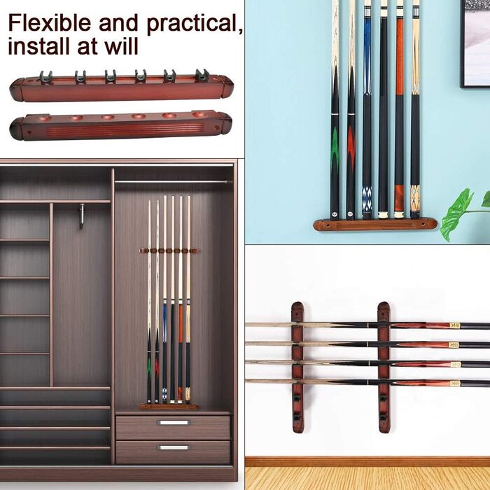 Держатель для бильярдных київ DURANTEY: настінна підставка для 4 київ з дерева, червона, з кріпленням та гумовими вставками (40 x 4 x 3,2 см)