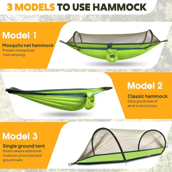 Намет-гамак Naturefun з москітною сіткою, армійний зелений | Макс. 300 кг, дихаючий, швидковисихаючий | 2 карабіни, 2 петлі
