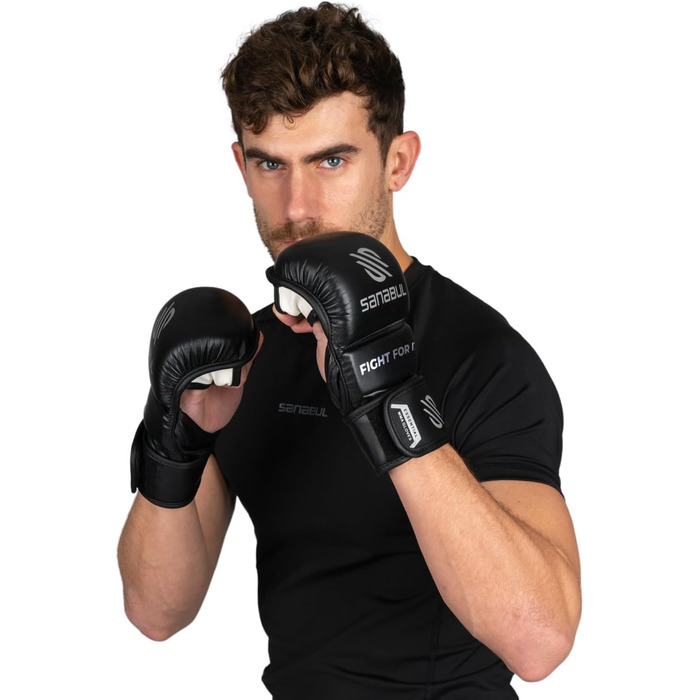 Рукавички для MMA Sanabul Essential 7oz | Тренувальні гібридні рукавички для спарингу (Чорно-срібні, S/M)