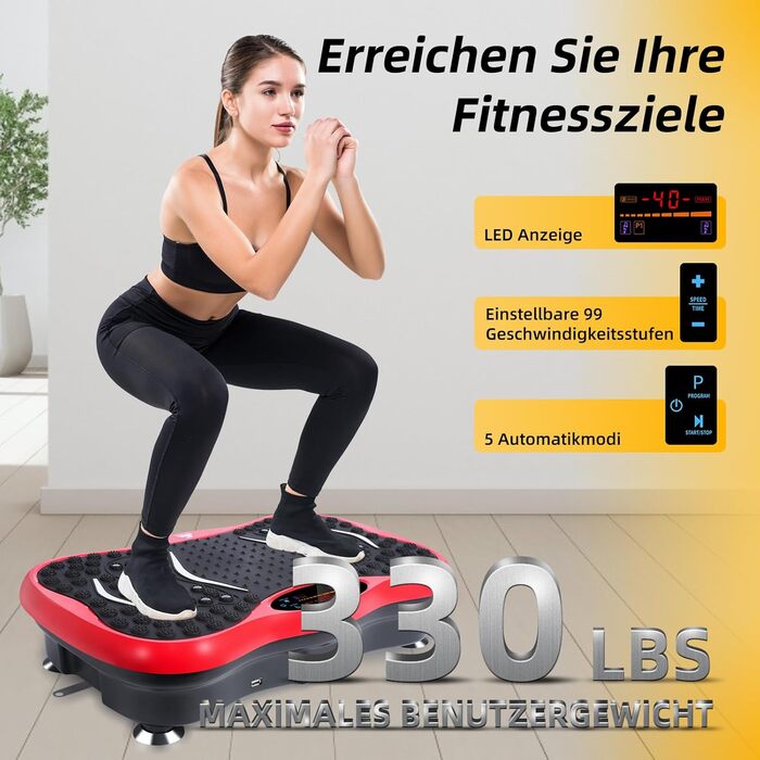 Вібраційна платформа EVOLAND з 5 програмами тренувань, Bluetooth, стрічки опору для всього тіла - червона