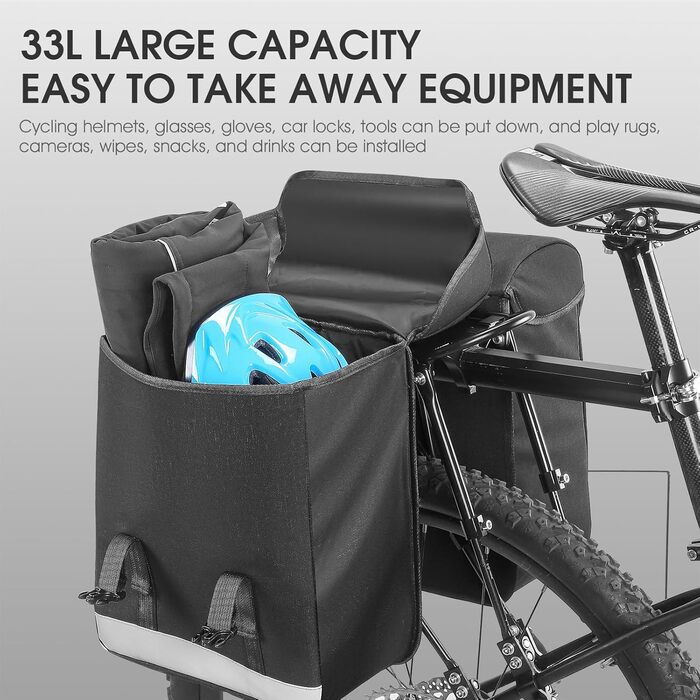 Велосипедна сумка на багажник West Biking 33L, водонепроникна, з регульованим кріпленням, відбивачами, чорна