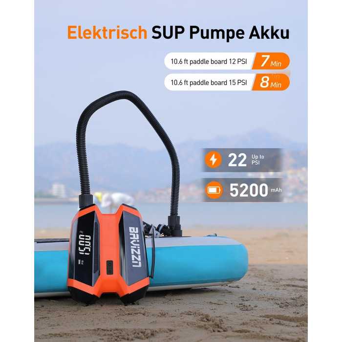 Насос електричний для SUP-дошки з акумулятором 22PSI, помаранчевий - 7 насадок