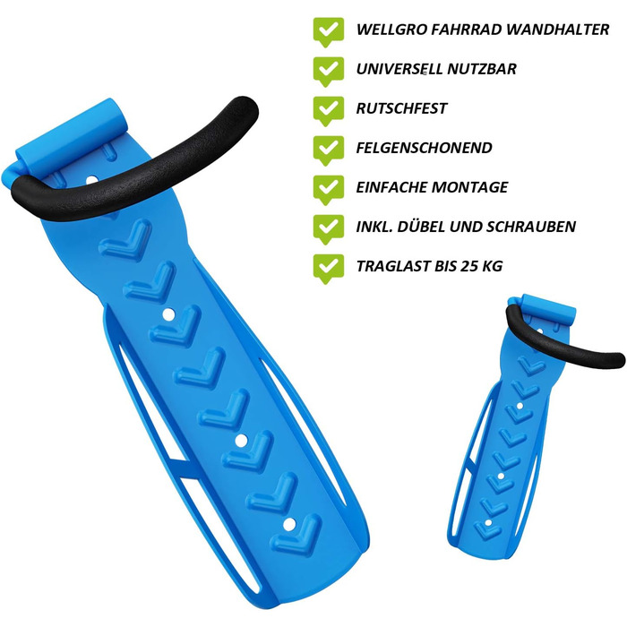 WELLGRO Тримач для велосипеда на стіну - сталевий кронштейн, гачок, стійка для велосипеда - колір на вибір (Блакитний)