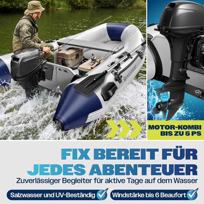 Надувний човен KESSER® Wave 230-320 см, комплект 6 в 1: човен, лавка, насос, весла, ремкомплект, сумка. Для моря, річки, мотора. Сіро-блакитний
